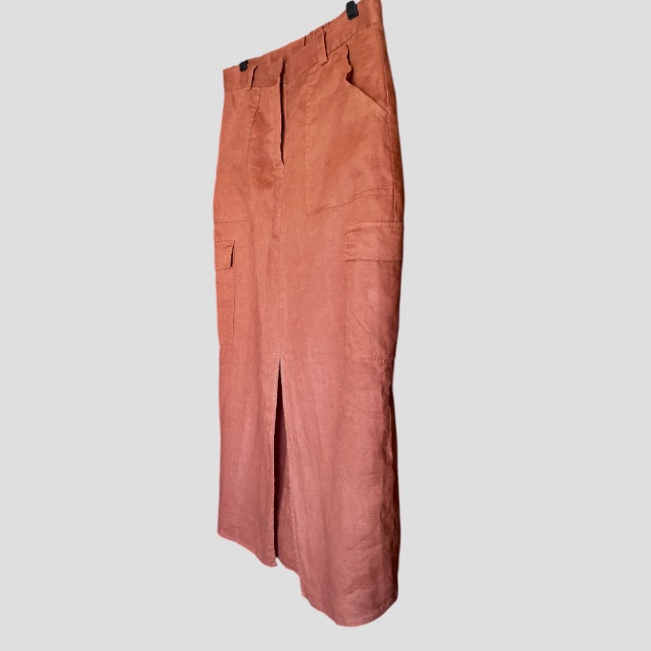 Linen Utility Midi Skirt Brown Cargo Pockets Front Slit High Waist 8 Magaschoni